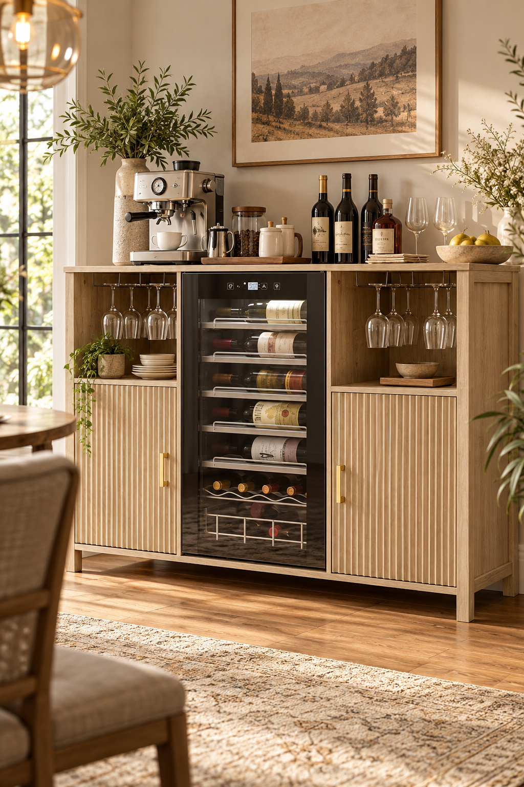 Light wood coffee and wine bar cabinet with central wine fridge, fluted doors, hanging stemware and espresso machine