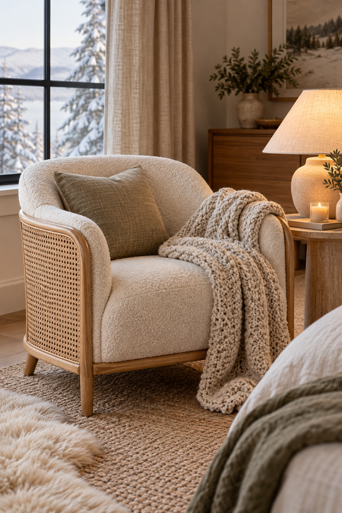 Cream boucle accent chair with woven cane sides in a cosy winter bedroom reading corner